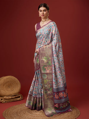 Blue Cotton Digital Print Saree With Blouse Piece