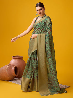 Green Cotton Digital Print Saree With Blouse Piece