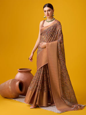 Brown Cotton Digital Print Saree With Blouse Piece