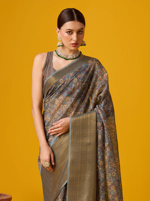 Grey Cotton Digital Print Saree With Blouse Piece