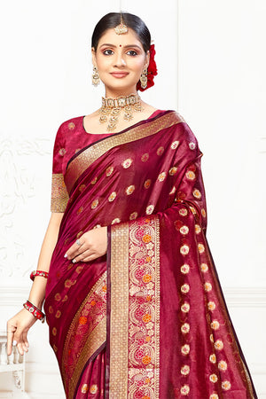 Maroon Cotton Saree With Blouse Piece