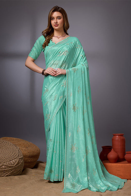 Teal Silk Chiffon Saree With Blouse Piece Teal Silk Chiffon Saree With Blouse Piece