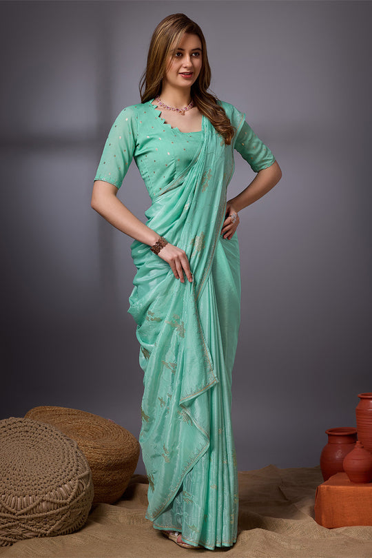 Teal Silk Chiffon Saree With Blouse Piece Teal Silk Chiffon Saree With Blouse Piece