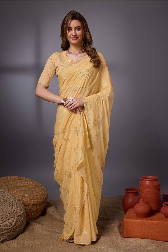 Yellow Silk Chiffon Saree With Blouse Piece Yellow Silk Chiffon Saree With Blouse Piece