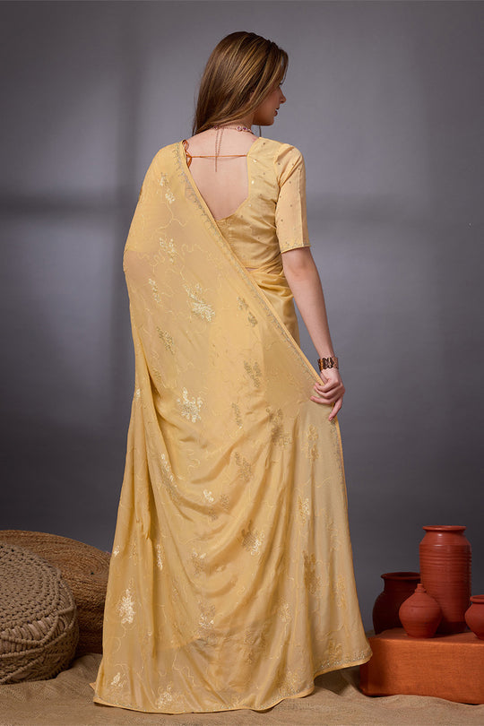 Yellow Silk Chiffon Saree With Blouse Piece Yellow Silk Chiffon Saree With Blouse Piece