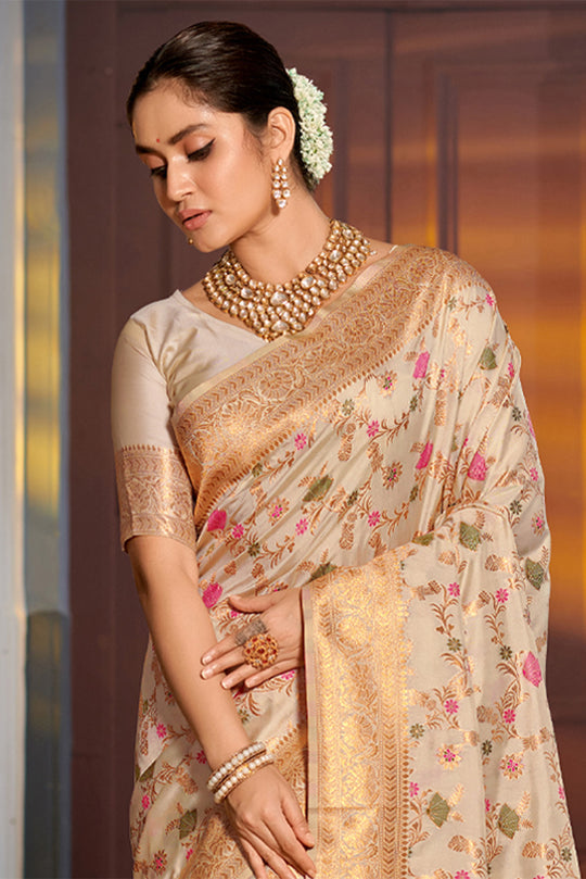 Cream Banarasi Silk Saree With Blouse Piece Cream Banarasi Silk Saree With Blouse Piece