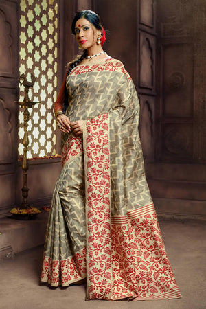 Womens Banarasi Silk Grey Saree With Blouse Piece