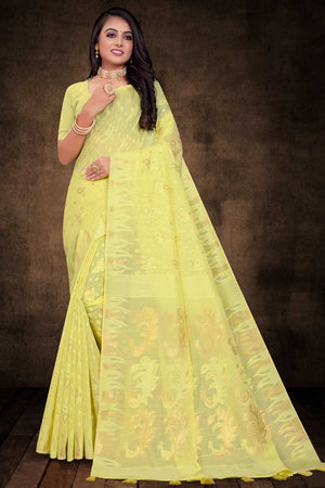 Womens Cotton Yellow Saree With Blouse Piece