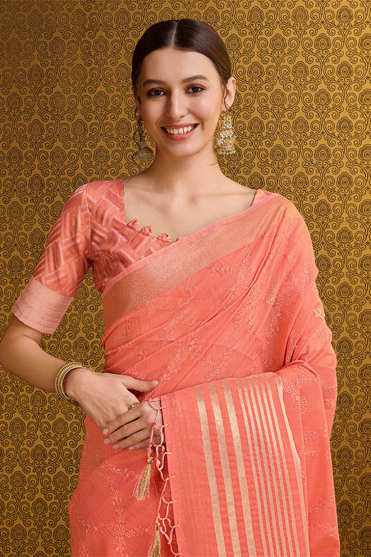 Orange Linen Blend Silk Saree With Blouse Piece Orange Linen Blend Silk Saree With Blouse Piece