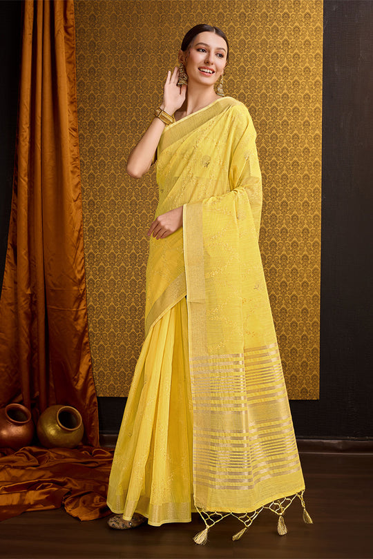 Yellow Linen Blend Silk Saree With Blouse Piece Yellow Linen Blend Silk Saree With Blouse Piece
