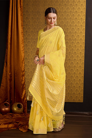Yellow Linen Blend Silk Saree With Blouse Piece