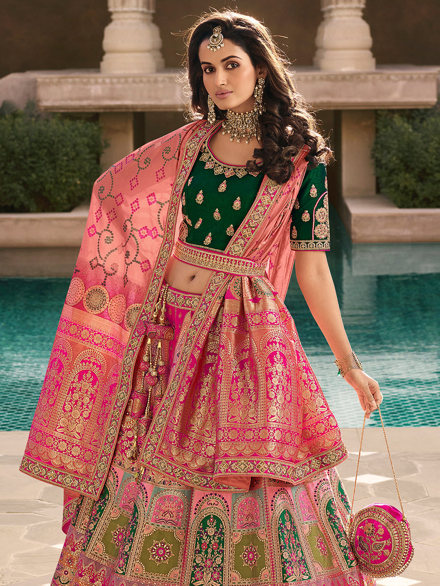 Yellow and Green Banarasi Silk Lehenga