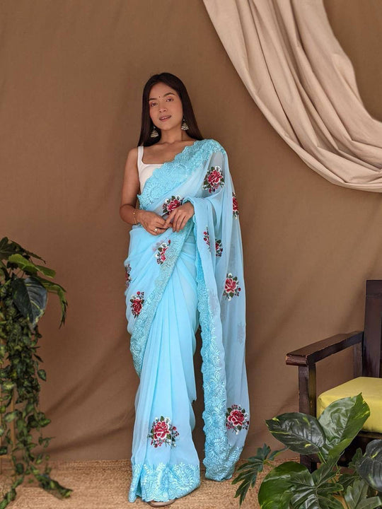 Sky Georgette Saree With Blouse Piece Sky Georgette Saree With Blouse Piece