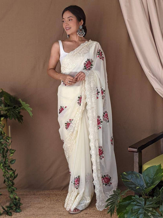 Off White Georgette silk Saree With Blouse Piece Off White Georgette silk Saree With Blouse Piece