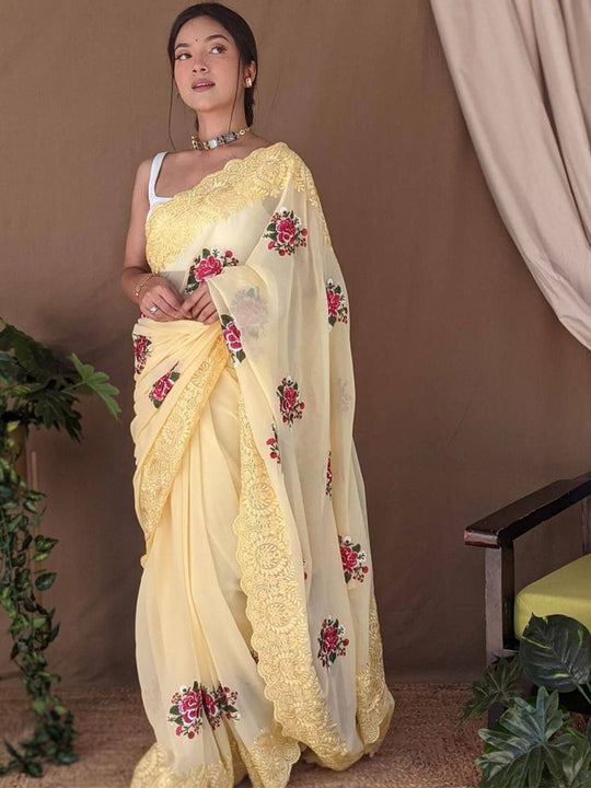 Yellow Georgette silk Saree With Blouse Piece Yellow Georgette silk Saree With Blouse Piece