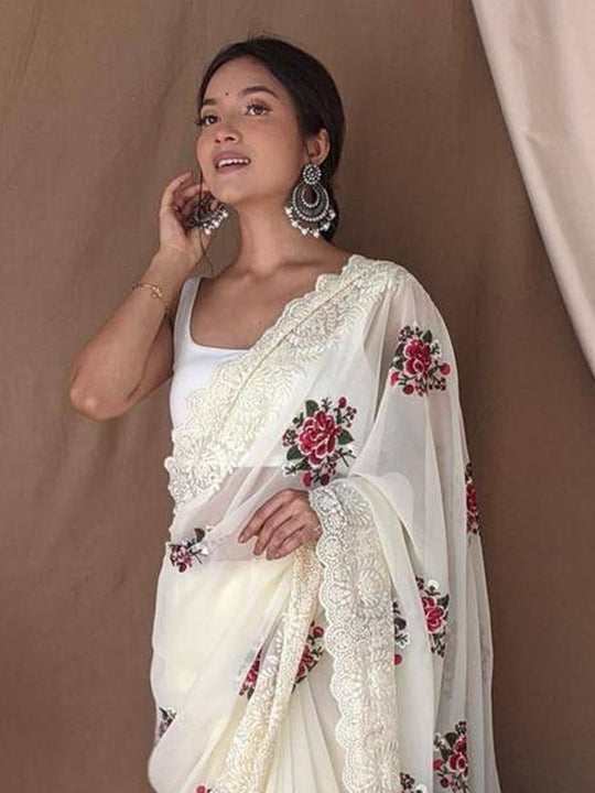Off White Georgette silk Saree With Blouse Piece Off White Georgette silk Saree With Blouse Piece