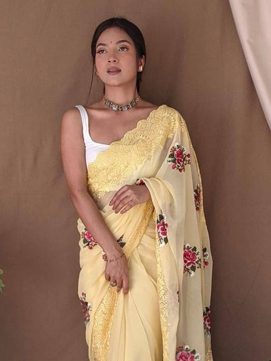 Yellow Georgette silk Saree With Blouse Piece Yellow Georgette silk Saree With Blouse Piece