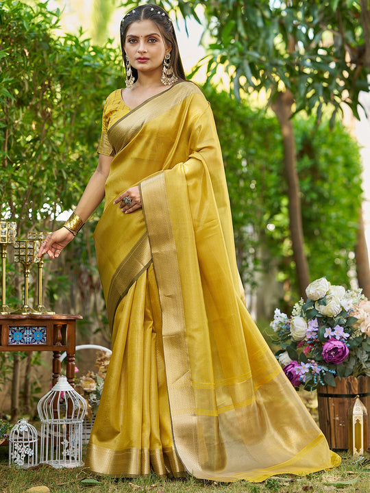 Yellow Tissue  Saree With Blouse Piece Yellow Tissue  Saree With Blouse Piece