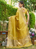 Yellow Tissue  Saree With Blouse Piece Yellow Tissue  Saree With Blouse Piece