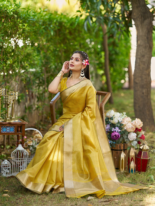 Yellow Tissue  Saree With Blouse Piece Yellow Tissue  Saree With Blouse Piece