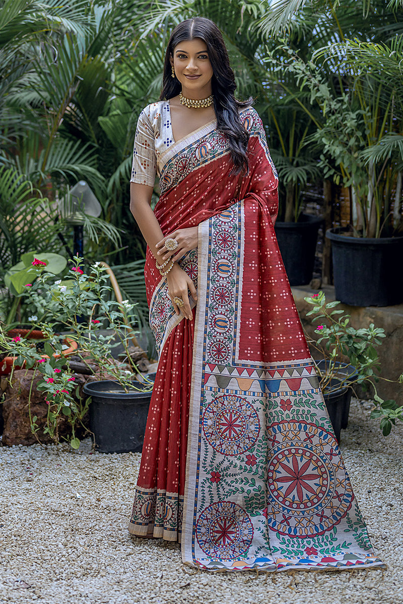 Women's Tussar Silk Red Woven Design Designer Saree With Blouse Piece