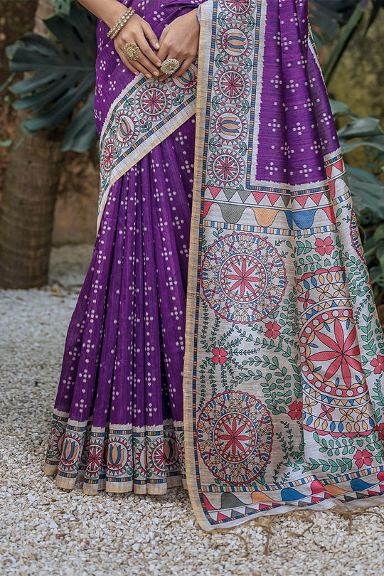 Violet Tussar Silk Blend Saree With Blouse Piece Violet Tussar Silk Blend Saree With Blouse Piece