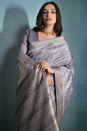 Grey Silk Blend Saree With Blouse Piece
