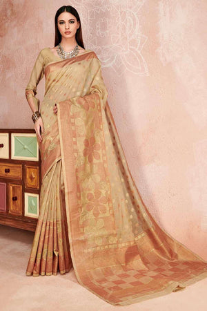 Womens Linen Blend Cream Saree With Blouse Piece