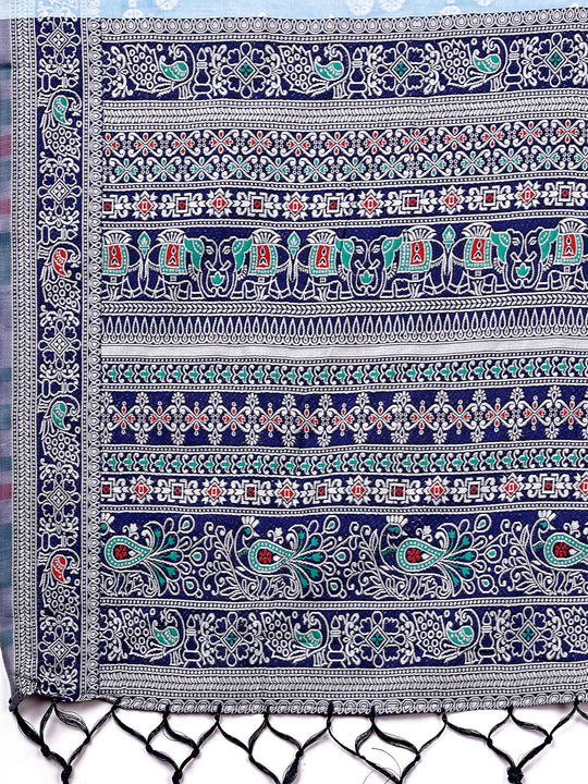 Sky Blue Linen Cotton Saree With Blouse Piece Sky Blue Linen Cotton Saree With Blouse Piece