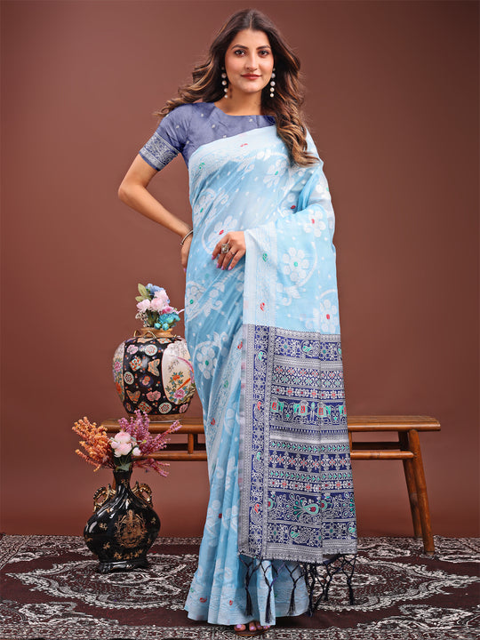 Sky Blue Linen Cotton Saree With Blouse Piece Sky Blue Linen Cotton Saree With Blouse Piece