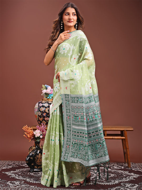 Light Green Linen Cotton Saree With Blouse Piece Light Green Linen Cotton Saree With Blouse Piece