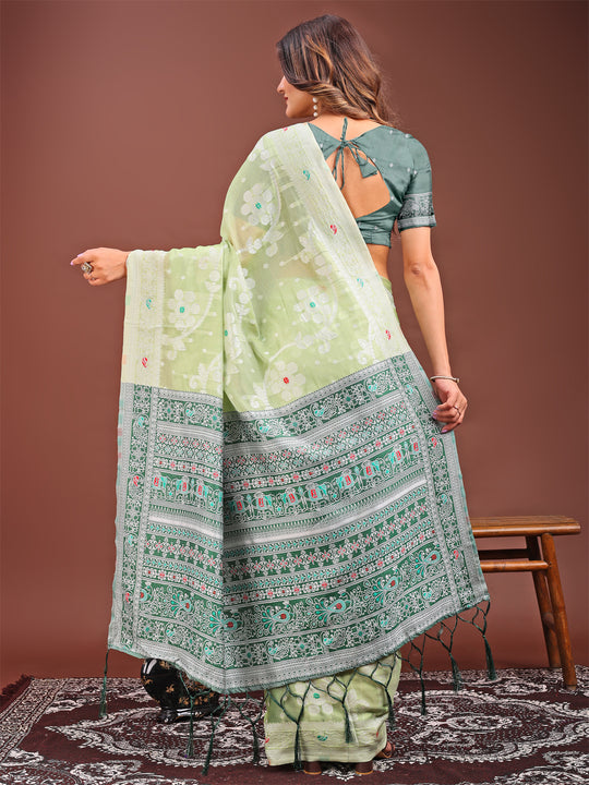 Light Green Linen Cotton Saree With Blouse Piece Light Green Linen Cotton Saree With Blouse Piece