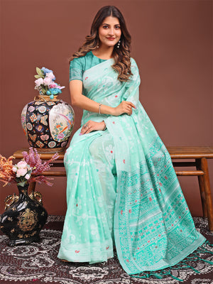 Sea Green Linen Cotton Saree With Blouse Piece