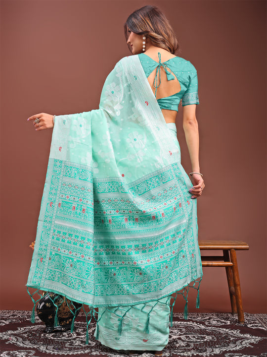 Sea Green Linen Cotton Saree With Blouse Piece Sea Green Linen Cotton Saree With Blouse Piece
