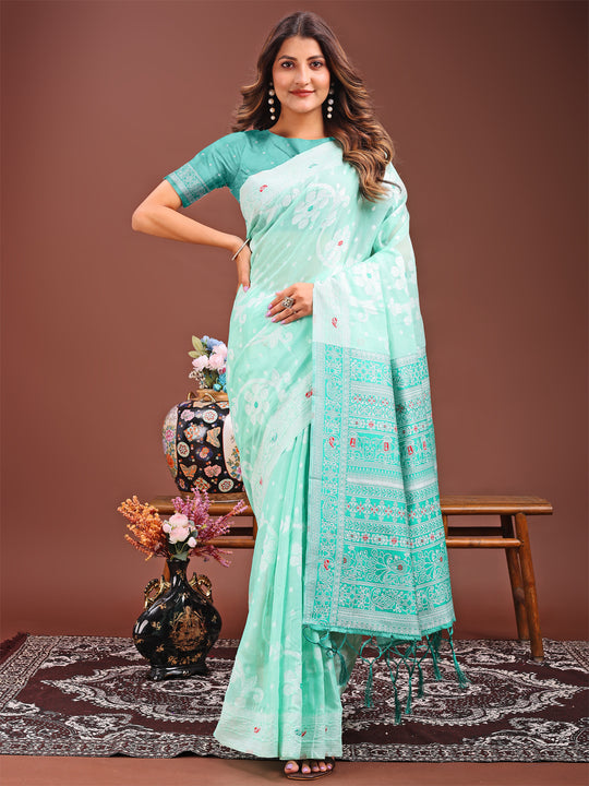 Sea Green Linen Cotton Saree With Blouse Piece Sea Green Linen Cotton Saree With Blouse Piece