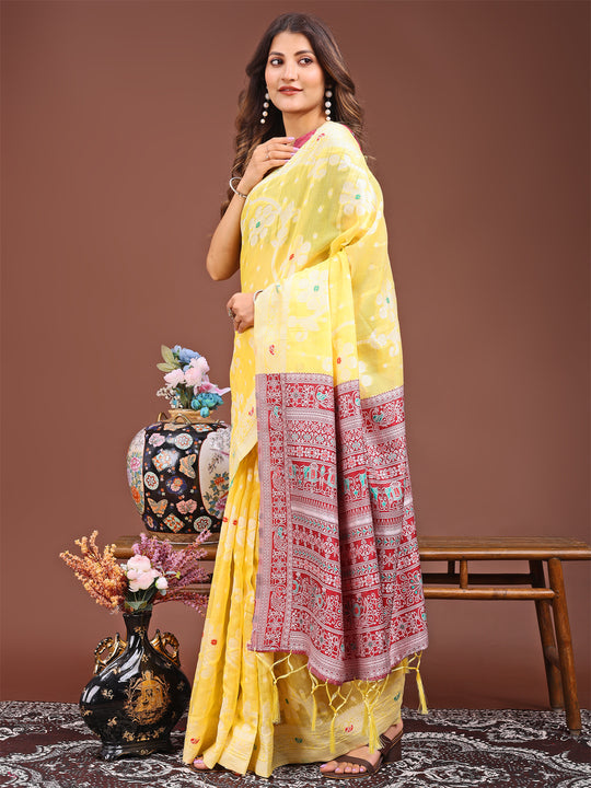 Yellow Linen Cotton Saree With Blouse Piece Yellow Linen Cotton Saree With Blouse Piece