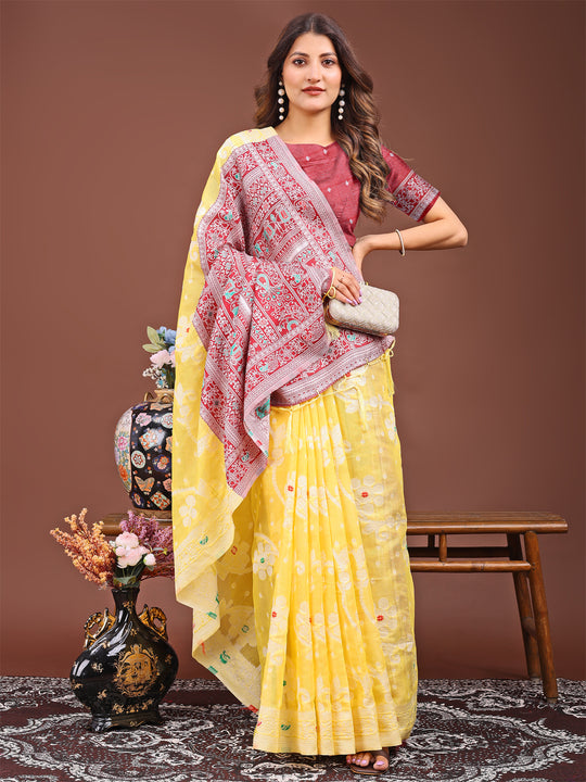 Yellow Linen Cotton Saree With Blouse Piece Yellow Linen Cotton Saree With Blouse Piece