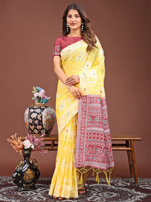 Yellow Linen Cotton Saree With Blouse Piece