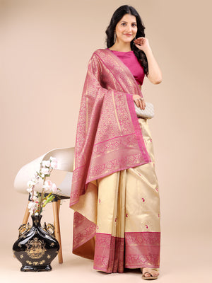 Cream & Magenta Banarasi Silk Saree With Blouse Piece