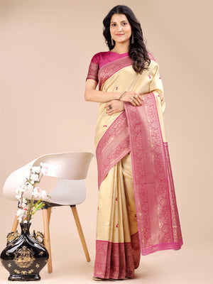 Cream & Magenta Banarasi Silk Saree With Blouse Piece
