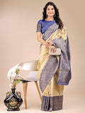 Cream & Navy Blue Banarasi Silk Saree With Blouse Piece Cream & Navy Blue Banarasi Silk Saree With Blouse Piece
