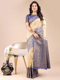 Cream & Navy Blue Banarasi Silk Saree With Blouse Piece Cream & Navy Blue Banarasi Silk Saree With Blouse Piece