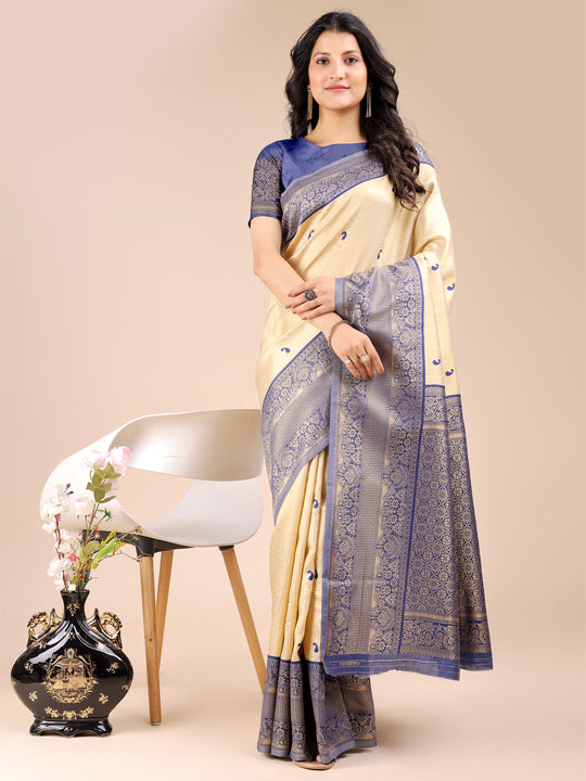 Cream & Navy Blue Banarasi Silk Saree With Blouse Piece Cream & Navy Blue Banarasi Silk Saree With Blouse Piece