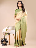 Cream & Light Green Banarasi Silk Saree With Blouse Piece Cream & Light Green Banarasi Silk Saree With Blouse Piece