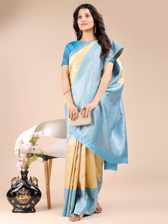 Cream & Sky Blue Banarasi Silk Saree With Blouse Piece Cream & Sky Blue Banarasi Silk Saree With Blouse Piece