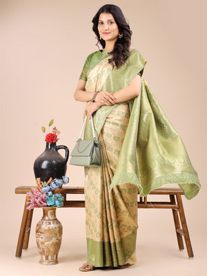 Cream & Light Green Banarasi Silk Saree With Blouse Piece