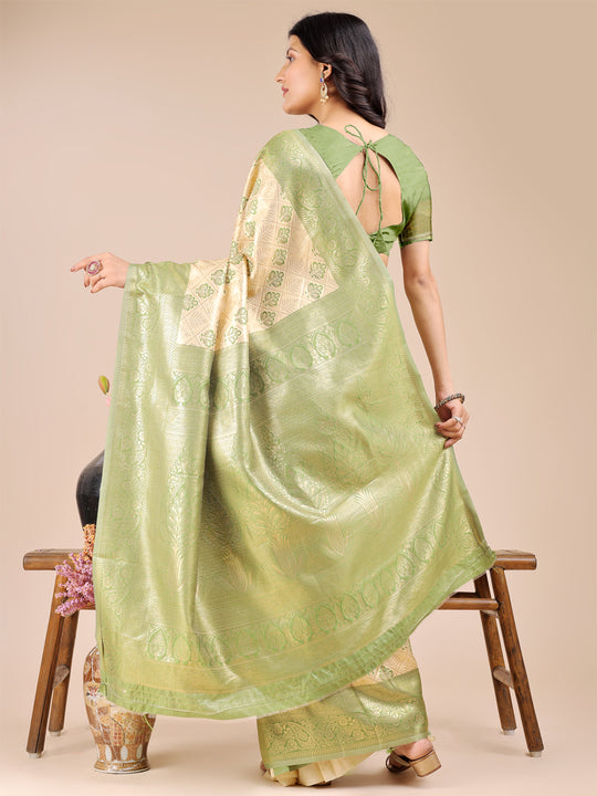Cream & Light Green Banarasi Silk Saree With Blouse Piece Cream & Light Green Banarasi Silk Saree With Blouse Piece
