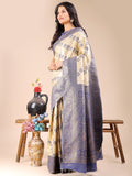 Cream & Navy Blue Banarasi Silk Saree With Blouse Piece Cream & Navy Blue Banarasi Silk Saree With Blouse Piece