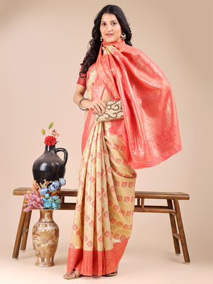 Cream & Red Banarasi Silk Saree With Blouse Piece