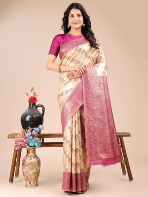 Cream & Magenta Banarasi Silk Saree With Blouse Piece